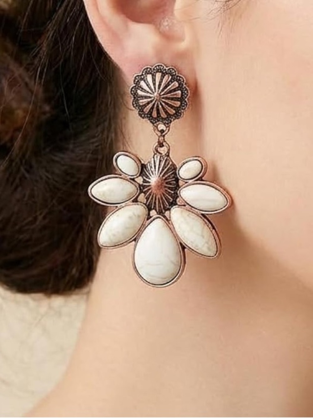 Anthropologie White and Rose Gold Floral Drop Earrings